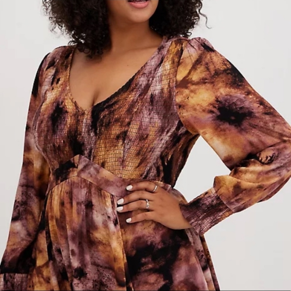 Torrid Women's Brown Tie Dye V-Neck Crinkle‎ Boho Babydoll Top Size 2 - 2X
